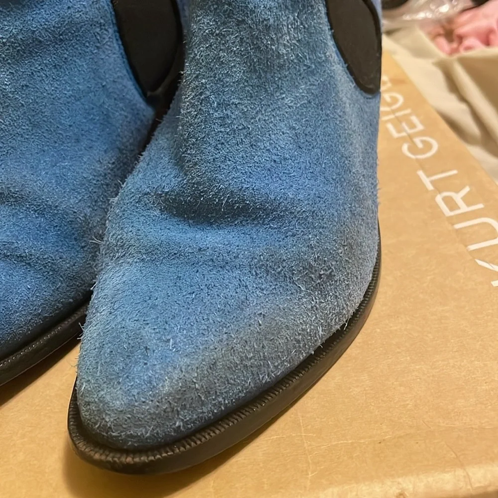 Channel your inner Elvis in blue suede booties. Size 7.5. Kurt Geiger